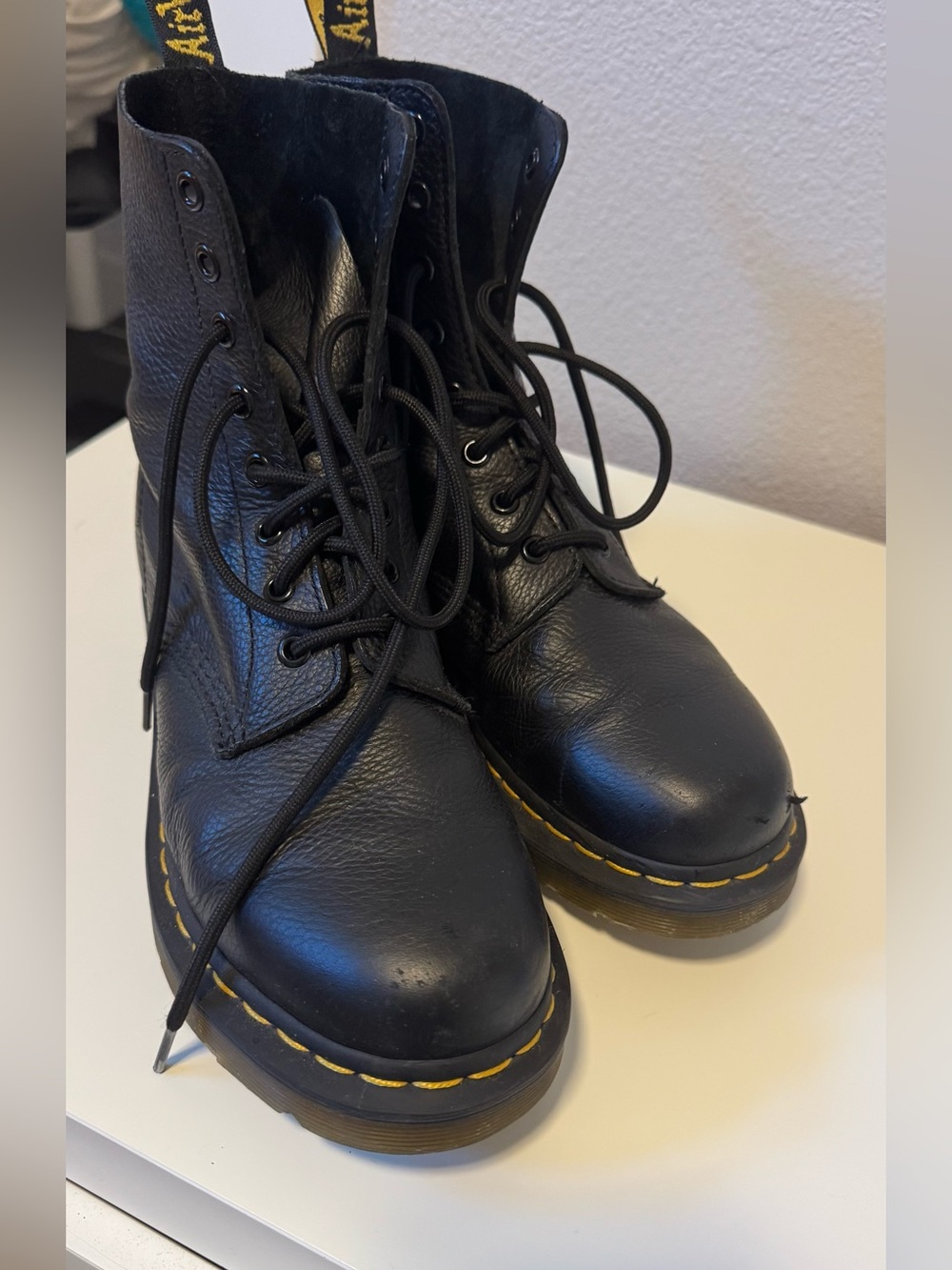 Dr Marten Pascal Black Leather Lace-Up Combat Boots with Yellow Stitching sz41